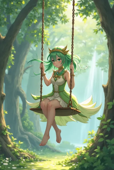 Nahida from Genshin without clothes swings on a swing