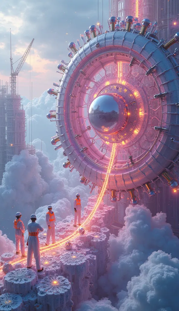 A colossal hybrid structure, part mechanical clock, part living organism, being built in the heart of a floating city made of solid clouds. Micro workers, dressed in translucent neon uniforms, operate an ethereal construction site. Some cut through pulsati...