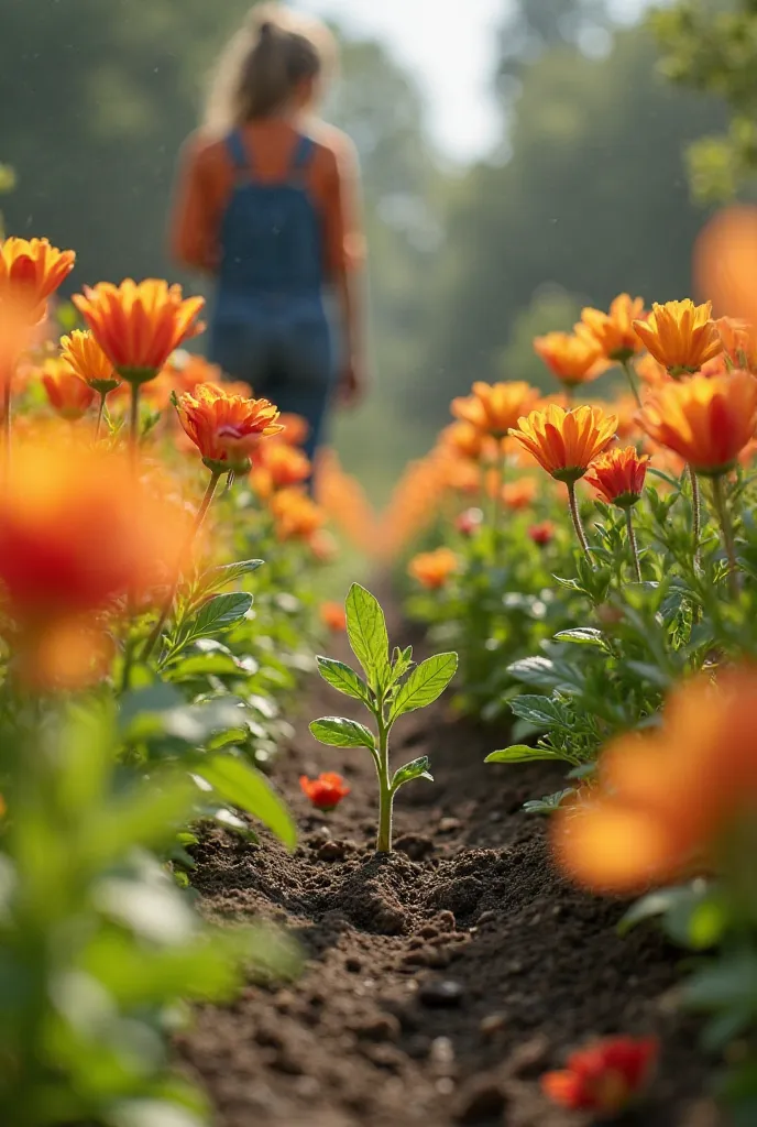 A vibrant garden full of blooming flowers, contrasting with a small, struggling seedling growing slowly in the background. The gardener looks at the fast-growing plants with a hint of doubt but remains determined.