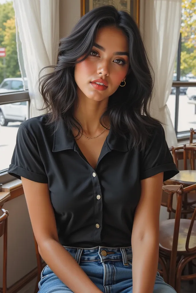 Ultra-realistic glossy oil painting. A young, beautiful Euro woman with a medium-sized, narrow oval face, a long chin, wavy, and medium-length black hair sits in a chic cafe. Her face is beautifully detailed, her skin is beautiful, and her eyes are sparkli...