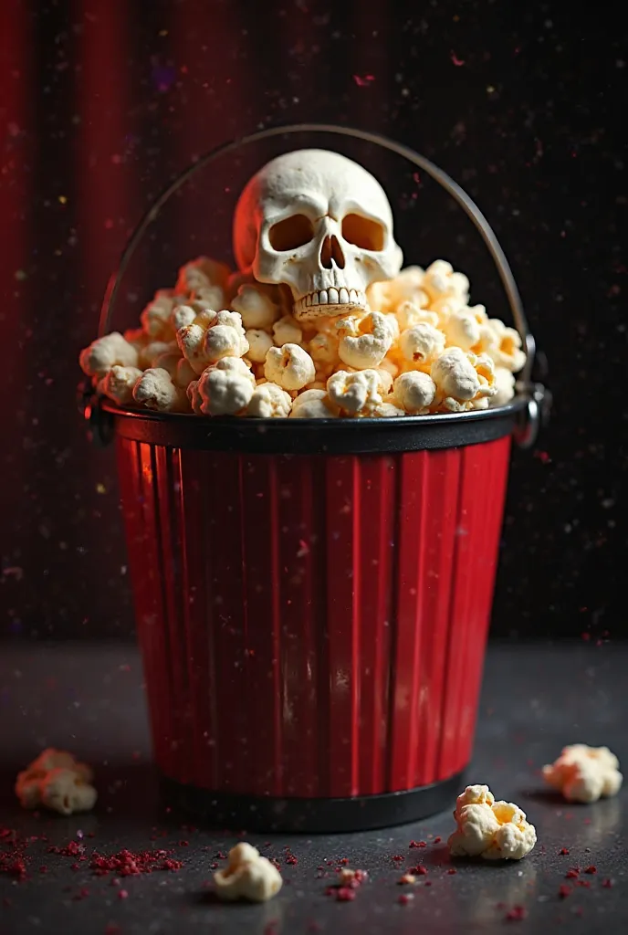 I would like to create an image with full HD quality and vertical format, the idea is to make a bucket of popcorn, Let Cine Terror, and that the popcorn are shaped like skulls, without using the color red, and with a dark background