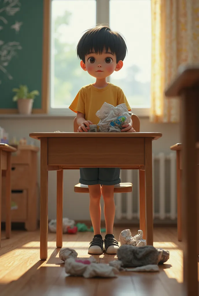 A picture of a young student standing near the desk and holding garbage thrown under the table. Under the table there are 3 pieces of garbage