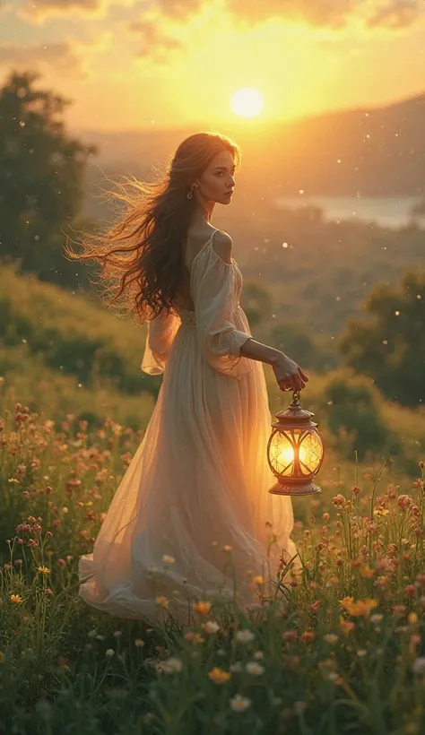 Beautiful young woman walks down the valley,'long wavy hair, in a long airy dress, in his hand he holds, light a lantern, in the background of the setting sun 