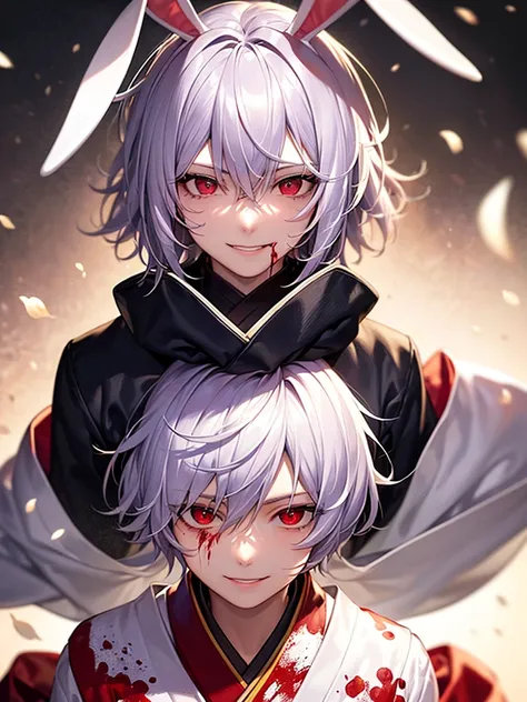 (1 man), mature, (short hair), white realistic bunny ears, light lilac hair, messy hair, red eyes, weaing kimono, (psychopath smile), blood on clothes, blood on face, (white background)