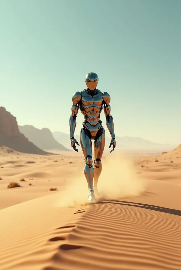 android is walking on the desert, (wind, flying dust)