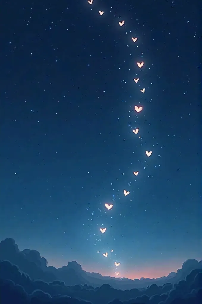 Imagine un ciel nocturne d'un bleu profond, où chaque étoile scintille doucement sous la forme d'un cœur délicat. Les constellations se dessinent en une danse romantique, tandis qu'une lune douce éclaire subtilement ce tableau céleste. Les cœurs lumineux s...