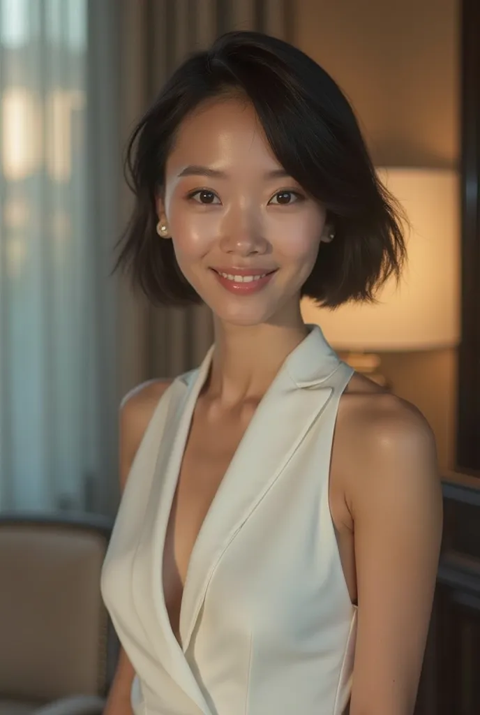 [Image of A breathtakingly hyperrealistic candid full-body portrait of an absolutely living and breathing young Thai-Japanese woman with a flawlessly executed pixie cut, now positioned in a high-powered executive office think space with evening-like, soft ...