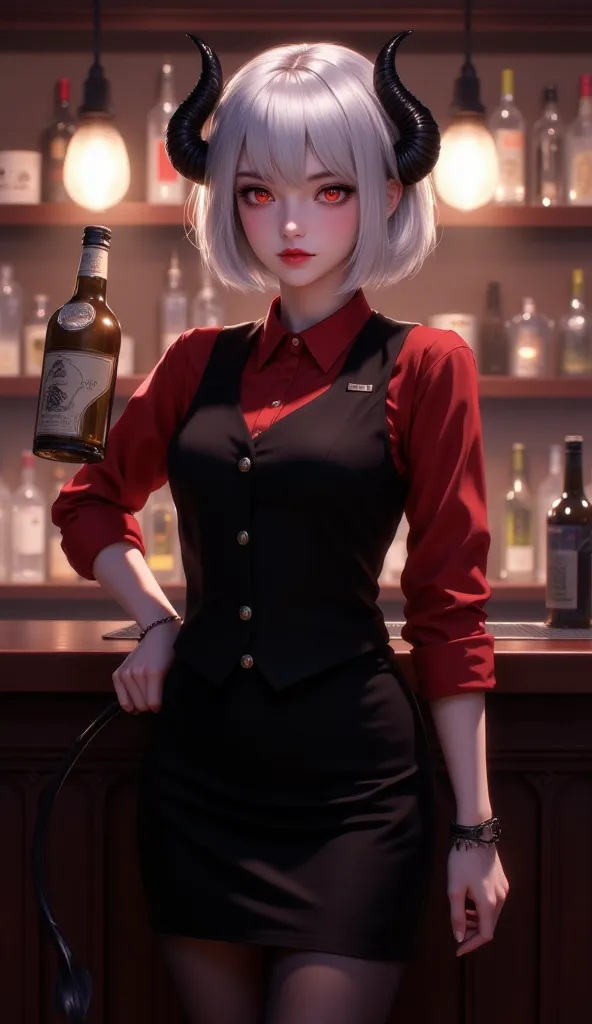 masterpiece, best quality, newest, realistic, solo, 1girl, mal1na, black tail, demon tail, frown, looking at viewer, standing, holding bottle, alcohol, hand on own hip, short hair, white hair, black horns, demon horns, red eyes, black vest, waistcoat, red ...