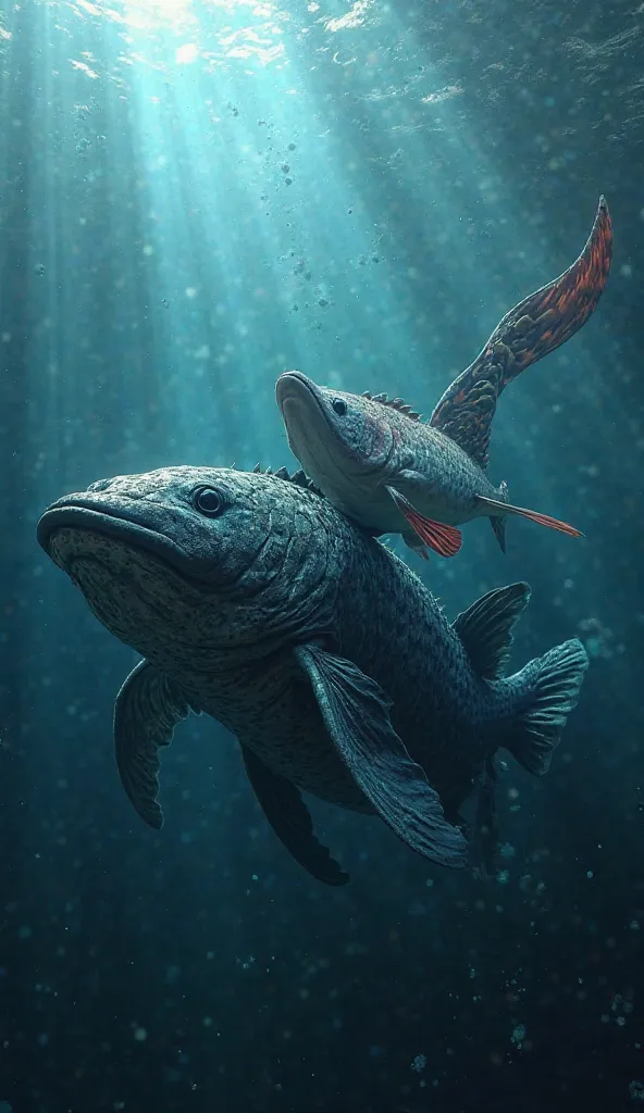 "Hyper-realistic image in high definition (8K, HDR) of a **plecostomus fish** (Hypostomus plecostomus) and a **giant oarfish** (Regalecus glesne) together in the same frame, underwater in a deep and mysterious oceanic environment. Both fish should appear *...