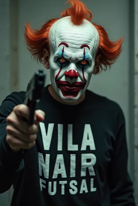 I want a clown who is very scared, with a frown, with a gun in his hand, a black shirt and the writing in white "VILA NAIR FUTSAL"