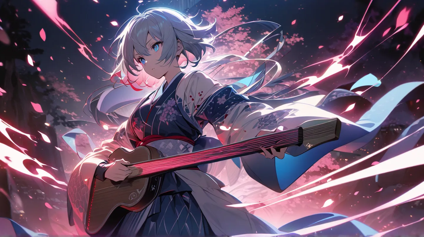 A full-body anime-style illustration of Yuki, the 'Lofi Shrine Maiden of Snow,' playing a shamisen under glowing cherry blossoms at night. Her long silver hair flows dramatically, and her intense, icy-blue eyes shine with determination. She wears a white a...