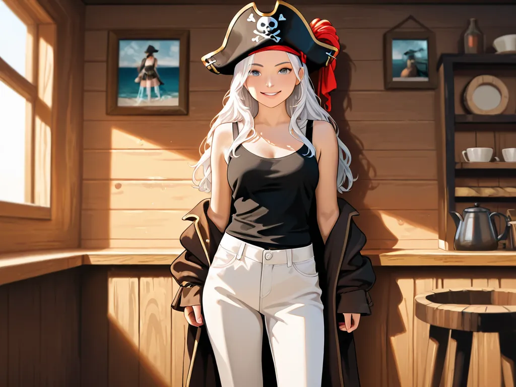 long white hair wavy、 one woman、pirate、pirate帽子をかぶっている、black tank top、white pants、HD、high quality、smile、Cafe