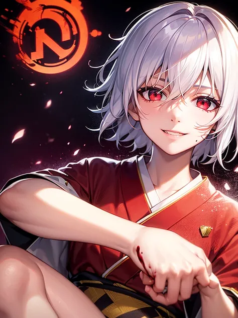 (1 man), mature, (short hair), white realistic bunny ears, light lilac hair, messy hair, red eyes, weaing kimono, (psychopath smile), blood on clothes, blood on face, (white background)