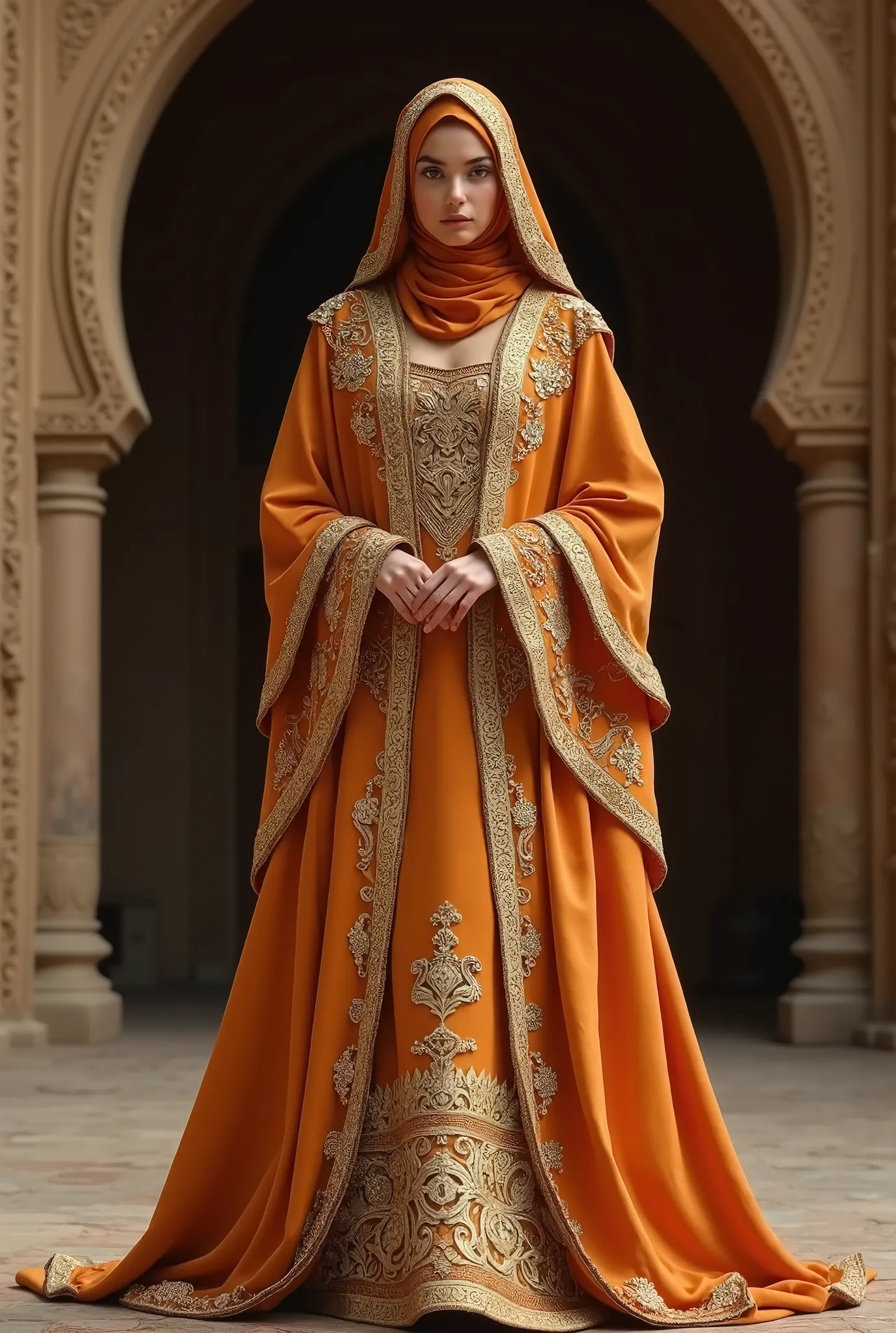   in a majestic, flowing dress with ancient Muslim influences, featuring detailed golden embroidery and a modest silhouette. The dress is complemented by a matching headscarf, giving a regal yet humble appearance that speaks to the legacy of historical Mus...