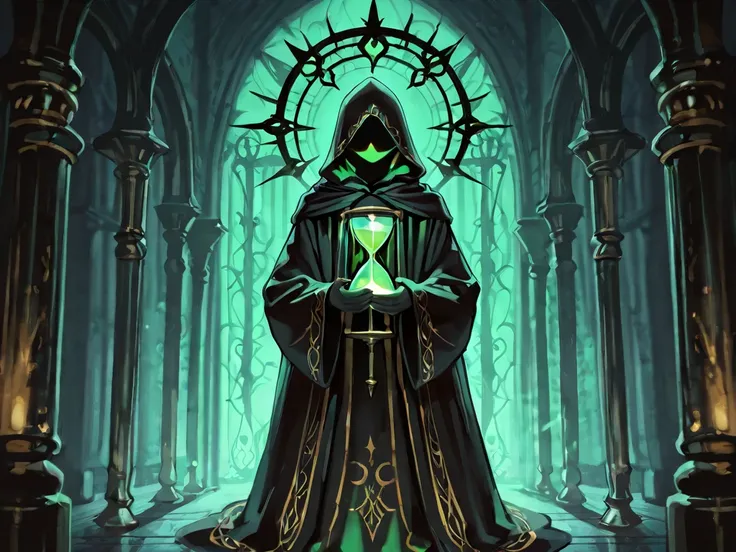 A man wearing a black mage robe with a hood covering his head. holding a green hourglass