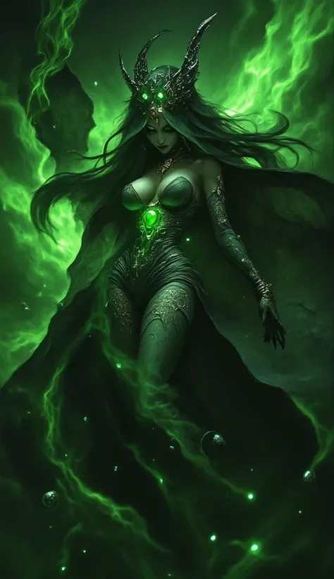 *A fascinating woman embodies the Samaragt witch in a seductive, modern fantasy representation, that shines in deep emerald green. Her voluminous hair flows in lush, shimmering waves — each ray an intense Emerald tone, which underlines her mysterious aura....