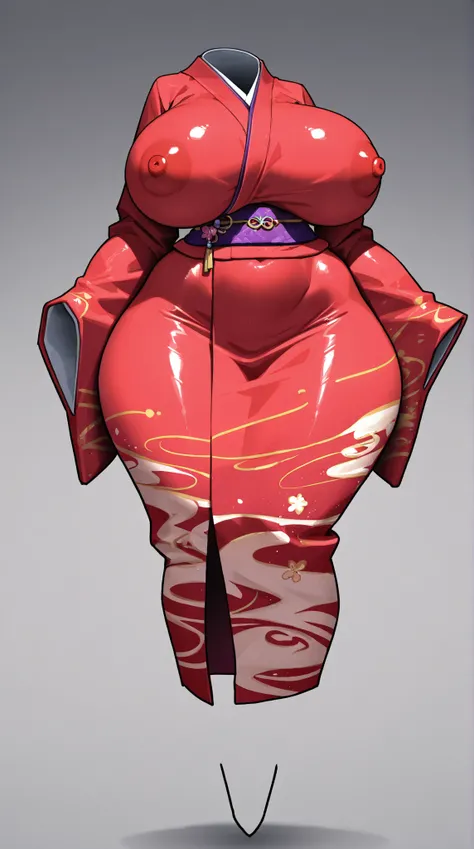 ((invsbody)), red kimono, purple obi, huge breasts, tight fit, ((no hair, no head, no shoes, no socks, no feet)), ((huge breasts)), Best Quality, High Details, ((wide hips)), erect nipples