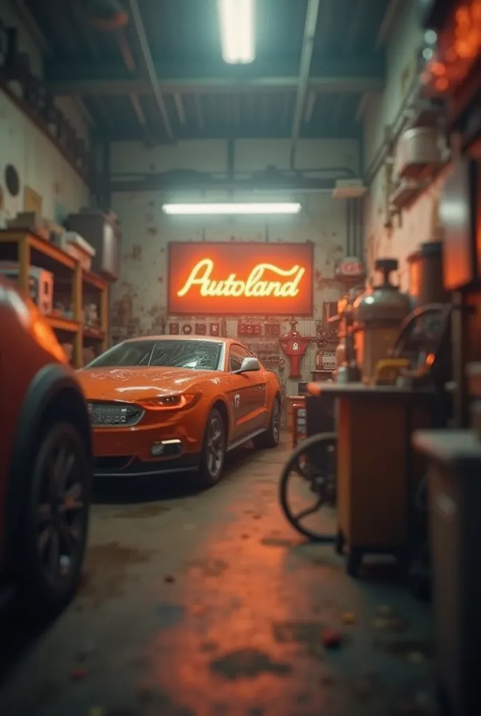 The Autoland logo is blurry in the background. Auto shop, wind.
There is an orange color.