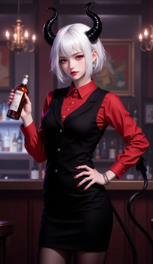 masterpiece, best quality, newest, realistic, solo, 1girl, mal1na, black tail, demon tail, frown, looking at viewer, standing, holding bottle, alcohol, hand on own hip, short hair, white hair, black horns, demon horns, red eyes, black vest, waistcoat, red ...