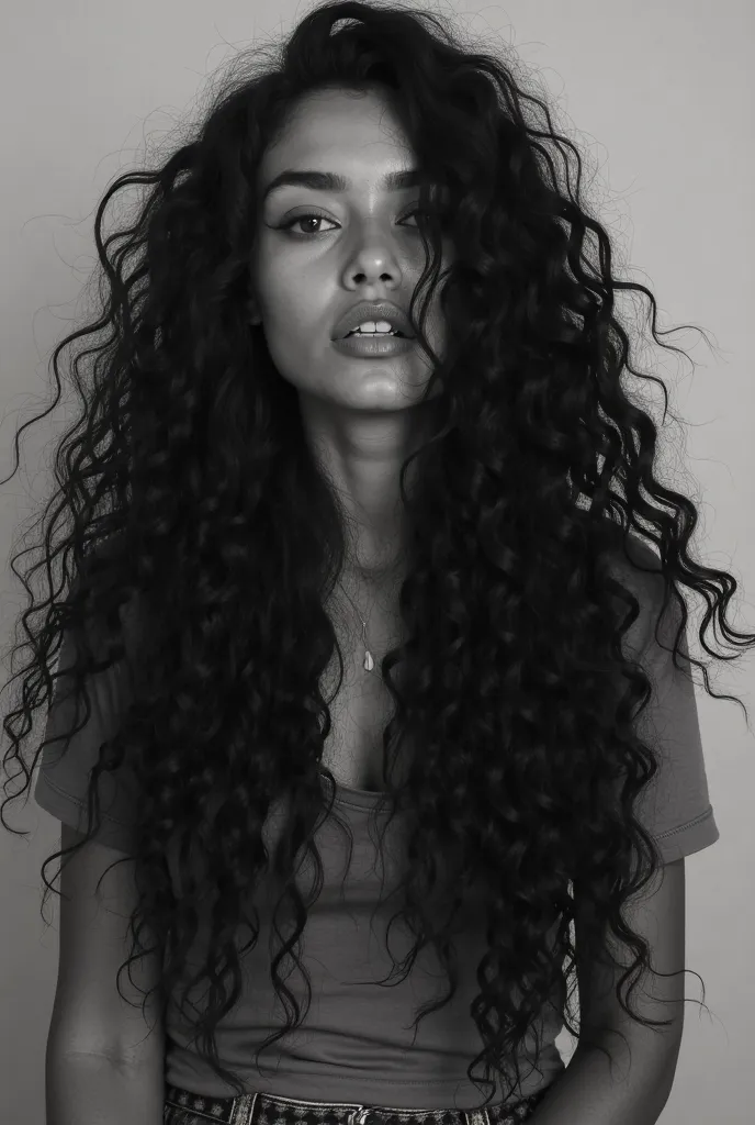 there is a woman with long hair posing for a picture, a black and white photo by Olivia Peguero, tumblr, fine art, black long curly hair, long curly black hair, long black curly hair, with long curly hair, long curly hair, long wild black curly hair, curly...