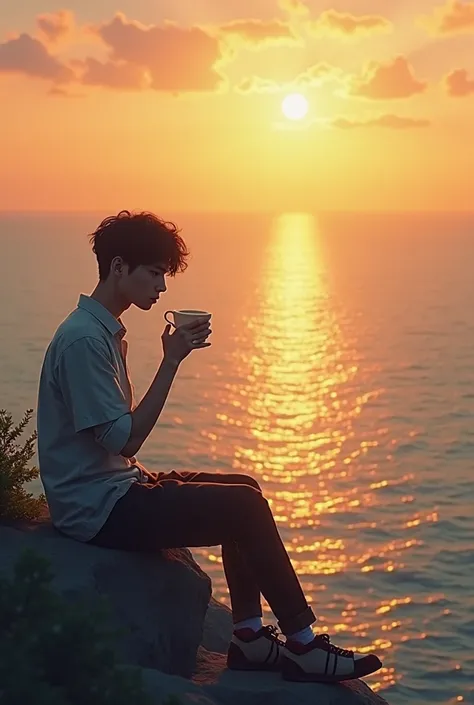 One man sits on a cliff by the sea, sipping tea on the sea, waiting for a message from his be loved girl when sunset time. In fresh air and dressed up modern clothe between 17 and 18 years old.