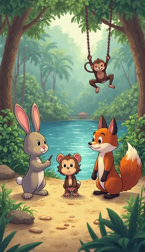 Scene 2: Friends Notice

Visuals: Danny’s friends—a rabbit, a monkey, and a fox—gather near the jungle pond. The rabbit notices Danny’s absence and points to his empty favorite spot. The monkey swings down from a tree, and the fox sniffs the air, looking c...