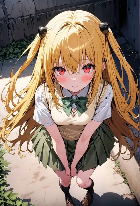  score_9,  score_8_up,  score_7_up,  source_anime,
toloverudarkness, darkness,   yellow hair  ,  long hair, red eyes, hair ornaments close to the garden, two side up,
Sainan school uniform,  shirt, white  shirt, bow, green bow,  skirt, green  skirt, pleate...