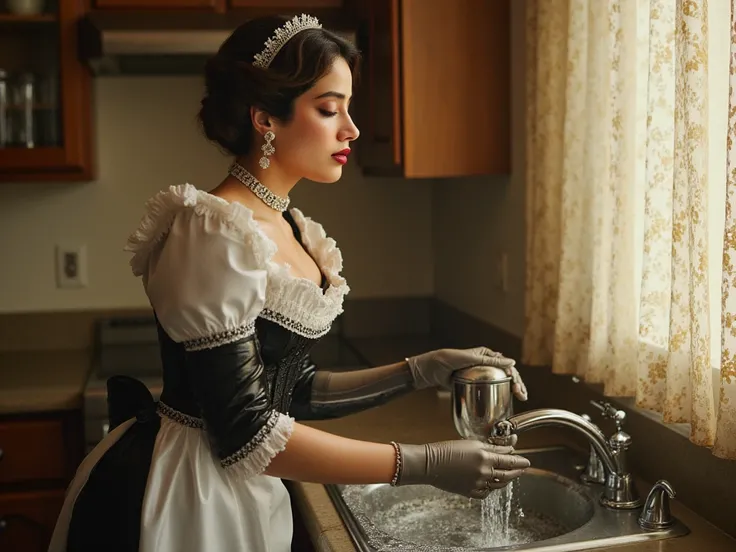 Portrait of a woman living in edwardian times, traditional maid dress except its made of rubber latex, traditional formal hair, tight corset, gloves and boots made of rubber latex, washing the dishes, sunlight pouring through the window next to her, latex ...