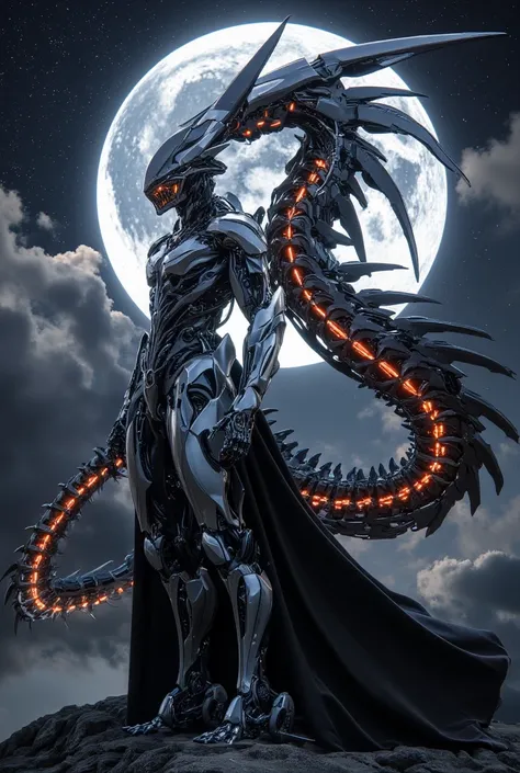 "A futuristic biomechanical dragon-human hybrid standing on a rocky cliff under a starry night sky with a massive glowing moon in the background. The figure has a sleek, armored humanoid torso with intricate metallic plating and cybernetic limbs, seamlessl...