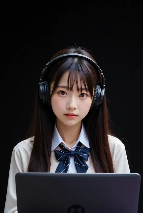 A cute Korean woman wearing a gaming headset is holding a gaming laptop and standing facing the front,  black background,  high detail ,  central composition 