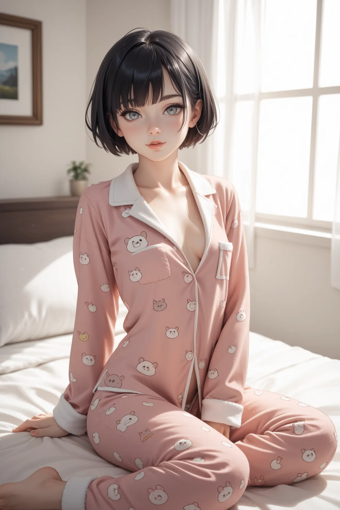 1 skinny Girl ,  Black hair ,  short hair,  grey eyes,  small breasts ,  wide hips, pajamas