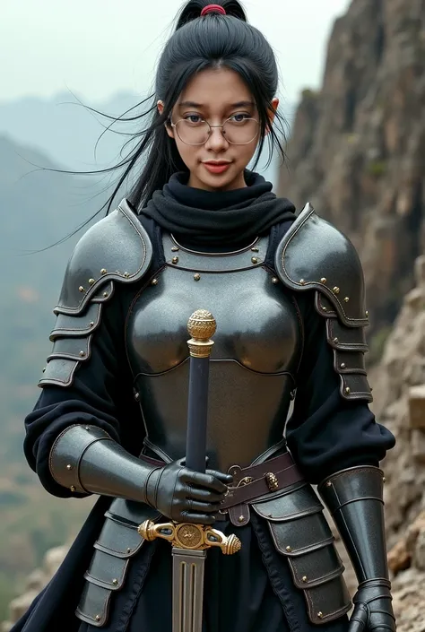 Beautifull japanese female wear ponytail black hair, black turtleneck sweater and knight armor, hold weapon, standing on rock