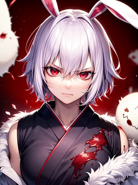 (1 man), mature, (short hair), white realistic bunny ears, light lilac hair, messy hair, red eyes, weaing kimono, scary face, serious, blood on clothes, blood on face, (white background)