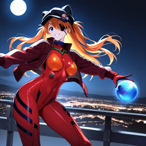   masterpiece, High quality,    vibrant, very aesthetic,    latest,  
medium breasts,  Neon Genesis Evangelion、     female 1 person、 、Su Long Aska Langley 、 orange hair、    blue eyes、    eye patch    、 Black Hat、 Red Jacket、  Open Jacket 、  red plug suit、(...