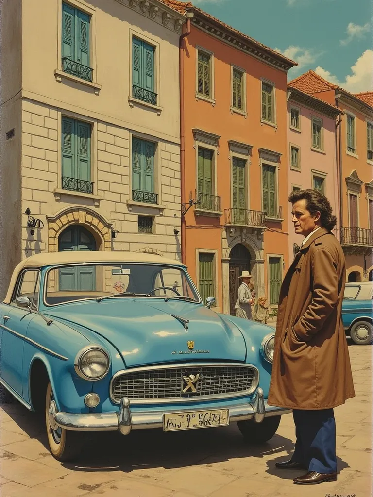 US TV drama promotional posters、Detective Columbo、Stand beside a dull blue ragged 1959 Peugeot 403 convertible、Vintage Car、 unkempt hair、 twirl、The brown trench coat of the dragonfly car 