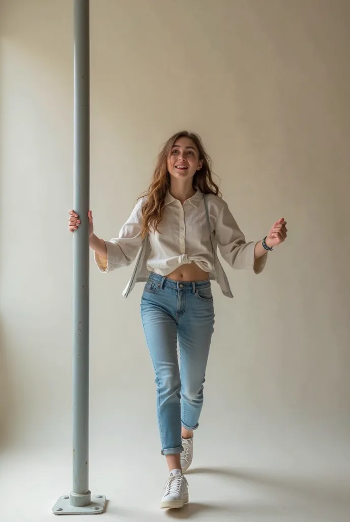 Here is the realistic, full-body 4K image of the young college girl walking against a solid color background, balancing her hands on a thin pipe pillar with an excited smile. Let me know if you'd like any changes!