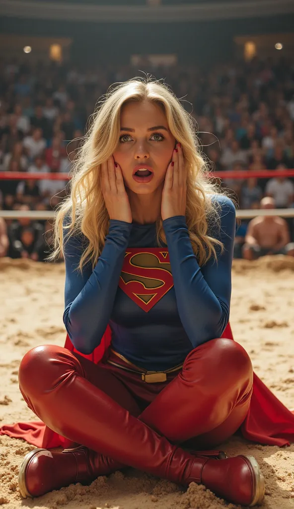 A supergirl superhero character sits inside a sandy wrestling ring, The character is a light-skinned woman with wavy long blonde hair and an expression of surprise or shock, with both hands on her cheeks. She wears a blue and red superhero costume with a s...