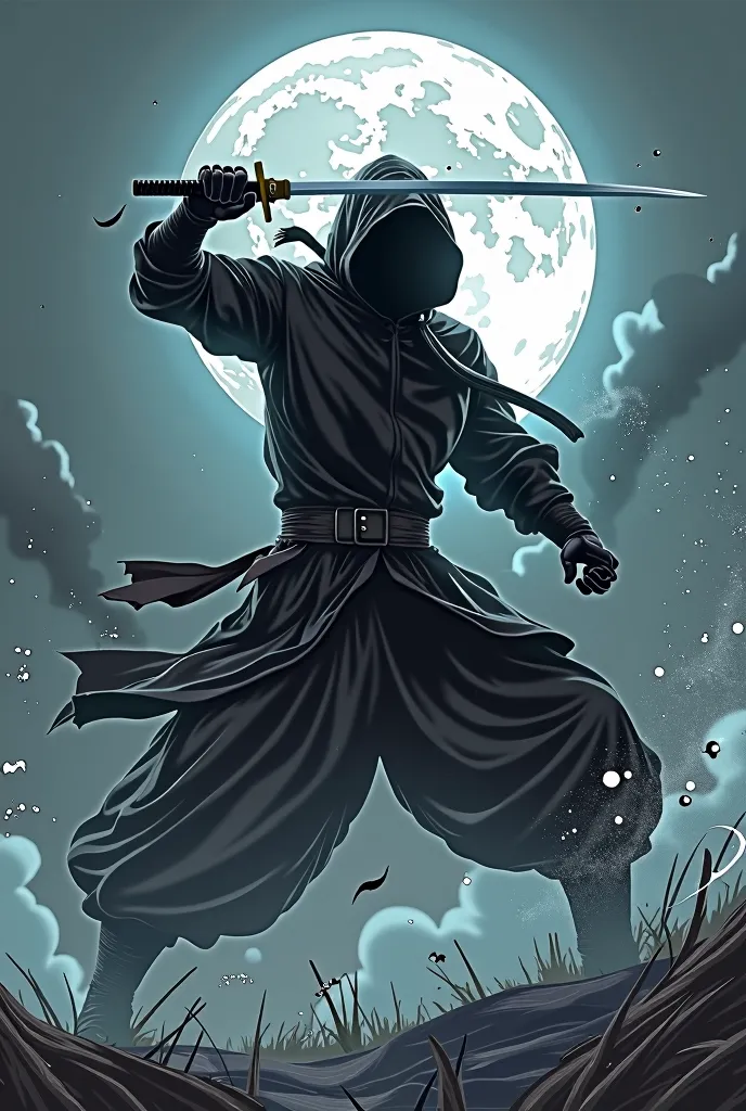 A ninja dressed in black holds a sword in his hand,  vector art inspired by Kano Yoshikai, Art Station, digital art ,  Ninja with water wave sword , Smoke in detailed bushido form, Action RPG video game ,  Dramatic Sword Swing Poses , Picture of an adult m...