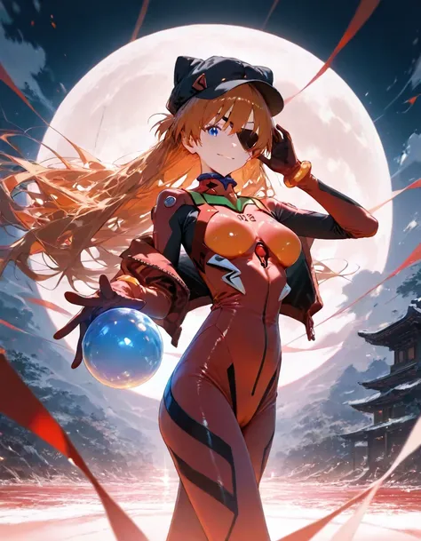   masterpiece, High quality,    vibrant, very aesthetic,    latest,  
medium breasts,  Neon Genesis Evangelion、     female 1 person、 、Su Long Aska Langley 、 orange hair、    blue eyes、    eye patch    、 Black Hat、 Red Jacket、  Open Jacket 、  red plug suit、(...