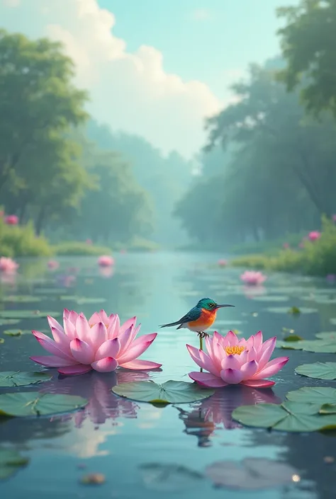 Draw a lake with lotus flowers, there is a colorful little bird perched on a lotus flower in the lake