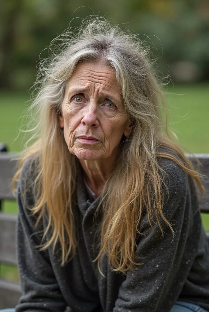 Isabela, aged 48, is sitting on a park bench, looking haggard and tired. Her long blonde hair is messy and dull. His green eyes seem lifeless, and his face has marked expression lines and a sad look. She wears humble, worn clothes.