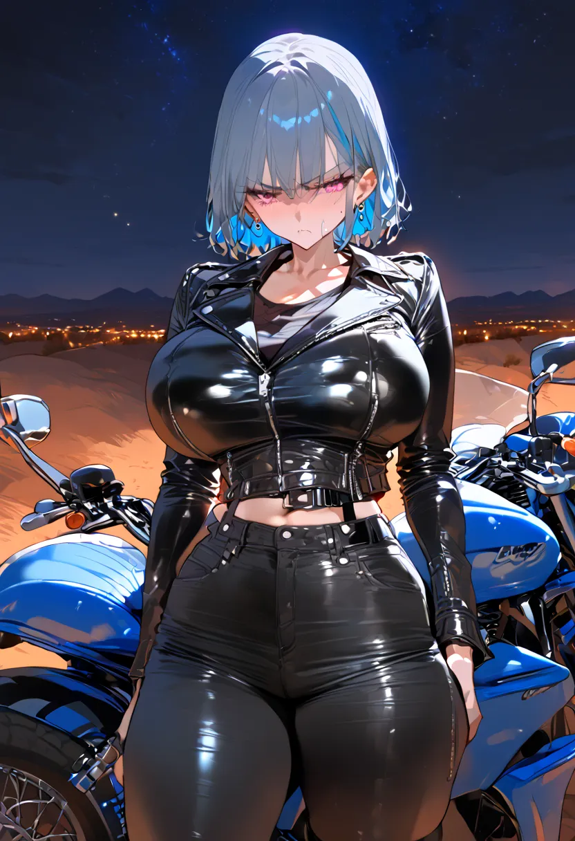 chica,  blue hair , short hair,  Pink Eyes, made up, annoyed, looking, bothers,  leather clothing ,  leather clothing  negra, black pants, gray earrings , huge boobs,  American desert , New Mexico,  at night,  gang bike, blue motorcycle with black, sexy, H...