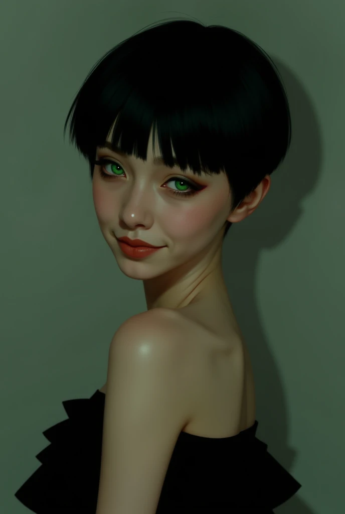 Woman with black hair, very short pixie cut, emerald green eye s, black dress, weak smile