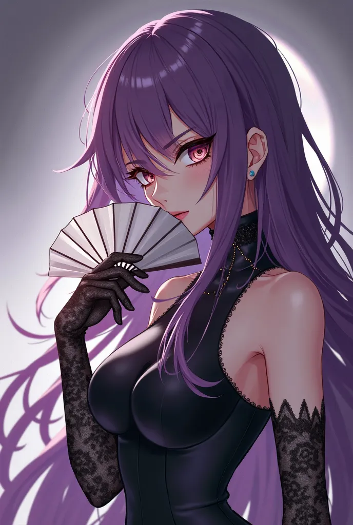 anime style, a female, manhwa female, purple long hime cut hair, wearing a sleeveless black dress, black transparent lace gloves, holding a closed fan in front of the mouth, facing to the side, closed hand fan, hair fluttering slightly in the wind, smug ex...