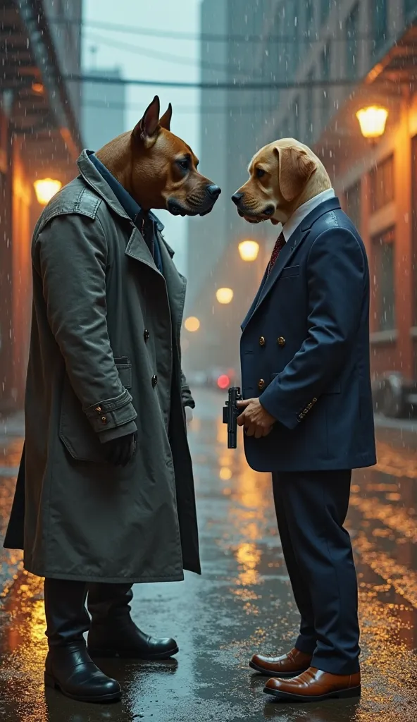 An anthropomorphic pitbull with a human-like body wearing a charcoal gray trench coat and black boots, standing under pouring rain. His face retains the distinct features of a pitbull (short snout, strong jawline) but with human-like expressions, showing a...