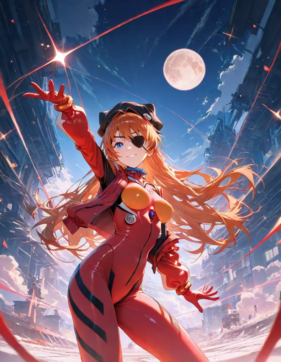   masterpiece, High quality,    vibrant, very aesthetic,    latest,  
medium breasts,  Neon Genesis Evangelion、     female 1 person、 、Su Long Aska Langley 、 orange hair、    blue eyes、    eye patch    、 Black Hat、 Red Jacket、  Open Jacket 、  red plug suit、(...