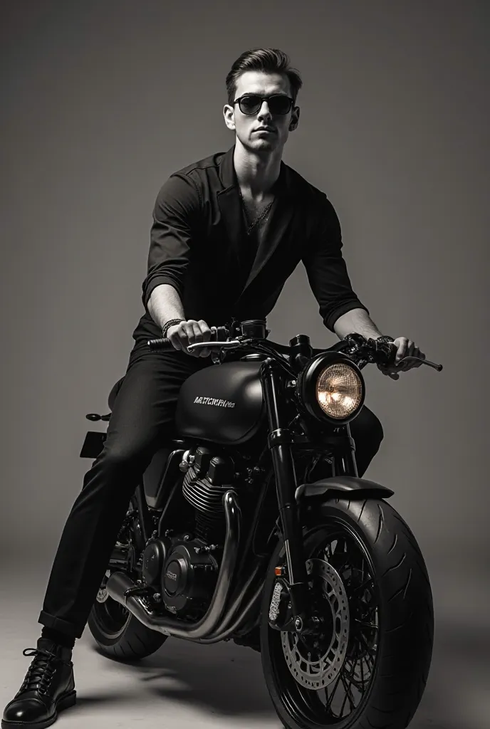 One man seat in bike with styles pose in black and white pictures