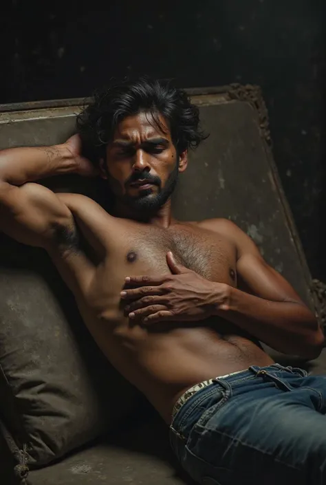 Ravi, is lying down on broken furniture holding his side in pain. His face shows deep agony, and there are visible bruises on his body. The background is dark and shadowy, hinting at a recent struggle.