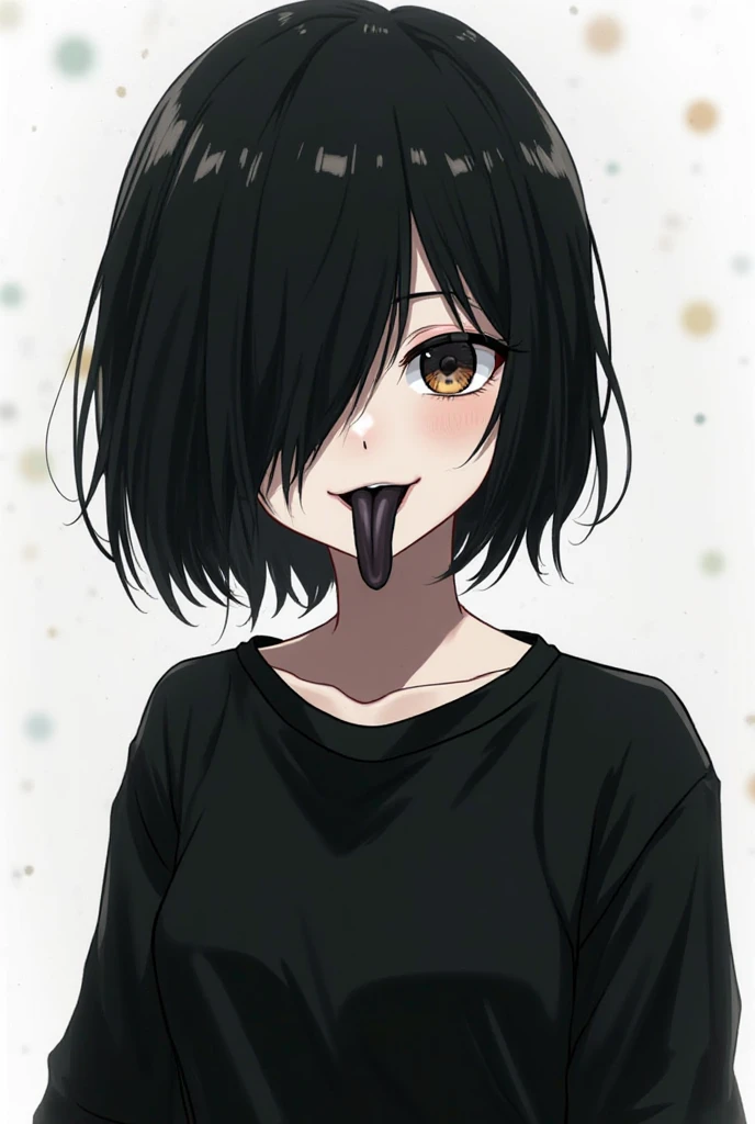  A white-skinned girl ,  black-haired uniform, Short Hair, hair covering your eyes and forehead, Super long tongue,  tongue piercing,  black lips,  black sweatshirt , use anime style