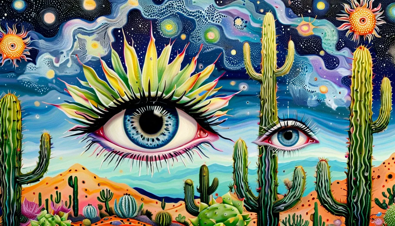 跖、 marine life 、 eyes、starry sky，Co-created abstract painting，depicts the inner world of autistic people， cactus、 eyes、Sense of Space，blank，Pointillism，Psychedelic Art，interesting：1.5。Trypophobia